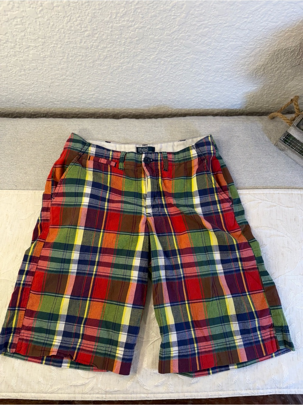 Polo by Ralph Lauren Red Multi Plaid Boys Size 12 Flat front Long Shorts